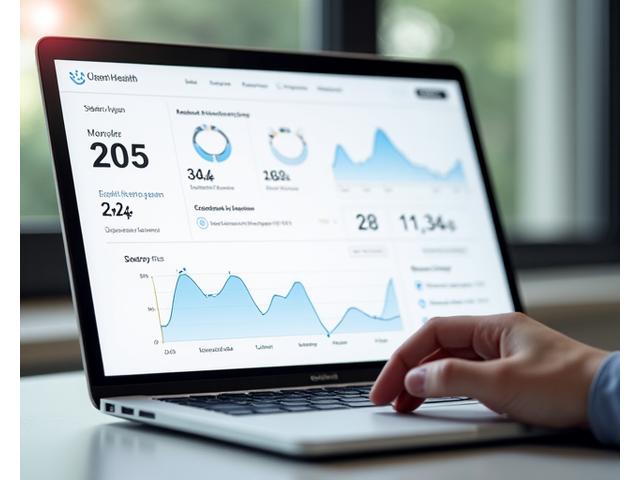 Interaktywny panel z wykresami biomarkerów zdrowia na laptopie.