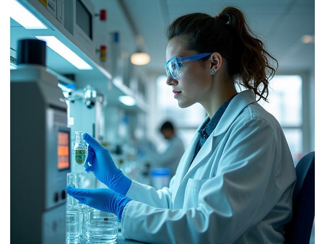 Scena przedstawiająca naukowca analizującego próbki w nowoczesnym laboratorium medycznym.