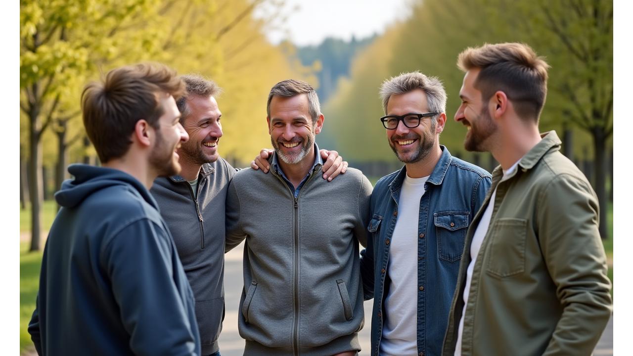 Zgrana grupa zadowolonych, uśmiechniętych mężczyzn w różnym wieku, stojących razem na świeżym powietrzu, symbolizujących wsparcie i wspólnotę