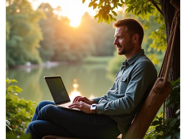Mężczyzna 40+ pracujący przy laptopie na łonie natury, otoczony zielenią i spokojem, symbolizujący harmonię pracy i natury